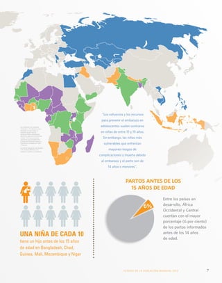 UNA NIÑA DE CADA 10 
tiene un hijo antes de los 15 años 
de edad en Bangladesh, Chad, 
Guinea, Mali, Mozambique y Niger 
PARTOS ANTES DE LOS 
15 AÑOS DE EDAD 
Entre los países en 
desarrollo, África 
Occidental y Central 
cuentan con el mayor 
porcentaje (6 por ciento) 
de los partos informados 
antes de los 14 años 
de edad. 
“Los esfuerzos y los recursos 
para prevenir el embarazo en 
adolescentes suelen centrarse 
en niñas de entre 15 y 19 años. 
Sin embargo, las niñas más 
vulnerables que enfrentan 
mayores riesgos de 
complicaciones y muerte debido 
al embarazo y el parto son de 
14 años o menores”. 
6% 
ESTADO DE LA POBLA CIÓN MUNDIAL 2013 7 
Las fronteras y los nombres 
mostrados y las designaciones 
utilizadas en este mapa no 
implican ningún tipo de 
reconocimiento o aceptación 
oficial por parte de las Naciones 
Unidas. Una línea punteada 
representa aproximadamente 
la Línea de Control en Jammu y 
Cachemira acordada por India 
y Pakistán. 
Las partes todavía no han llegado 
a un acuerdo definitivo con 
respecto a Jammu y Cachemira. 
 