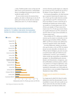 y niñas. También pueden causar un bajo peso del 
bebé al nacer, partos prematuros y enfermedades 
físicas y neurológicas permanentes para los niños 
nacidos de madres con ITS. 
En una revisión reciente de encuestas demo-gráficas 
y de salud, se informó que en siete de 35 
países, por lo menos una de cada cinco mujeres 
adolescentes entre 15 y 19 años de edad que 
PREVALENCIA DEL VIH EN ADOLESCENTES 
ENTRE 15 Y 19 AÑOS, POR SEXO, EN ALGUNOS 
PAÍSES DE ÁFRICA SUBSAHARIANA, 2001–2007 
Hombre Mujer 
Senegal 2005 
Ghana 2003 
Malí 2006 
Rwanda 2005 
Etiopía 2005 
Burkina Faso 2003 
Guinea 2005 
Liberia 2007 
República Unida de 
Tanzanía 2007–08 
Camerún 2004 
Uganda 2004–05 
Kenya 2003 
Zambia 2007–08 
Zimbabwe 2005–06 
Lesotho 2004 
Swazilandia 2006–07 
12 
0 
2 4 6 8 10 
Adolescentes entre 15 y 19 años que viven con VIH (%) 
Fuente: Organización Mundial de la Salud, 2009a 
tuvieron relaciones sexuales alguna vez, indicaron 
que tuvieron una ITS o síntomas de una ITS en 
los últimos 12 meses (Kothari et al., 2012). 
Las encuestas demográficas y de salud muestran 
que, en general, el porcentaje de mujeres entre 
15 y 19 años que han tenido relaciones sexuales 
y que informaron una ITS o síntomas de una 
ITS en los últimos 12 meses es más alto que el 
informado por hombres que tuvieron relacio-nes 
sexuales en el mismo grupo etario. En Côte 
d’Ivoire, por ejemplo, el 25 por ciento de las 
mujeres entre 15 y 19 años que tuvieron relacio-nes 
sexuales informaron una ITS o síntomas de 
una ITS, frente al 14 por ciento de hombres en 
el mismo grupo etario. 
Otros estudios de ITS y adolescentes también 
muestran que las mujeres son afectadas con más 
frecuencia que los hombres (Dehne y Riedner, 
2005). Las ITS son comunes entre adolescentes 
víctimas de agresión sexual y niños abusados. 
Las niñas adolescentes, además, son más pro-clives 
que los niños a vivir con VIH. Las mujeres 
jóvenes son más vulnerables a la infección con 
VIH por factores biológicos, por tener una pare-ja 
sexual de mayor edad, por la falta de acceso 
a información y servicios, y por costumbres y 
valores sociales que menoscaban su capacidad de 
protegerse. Su vulnerabilidad puede aumentar 
durante crisis humanitarias y emergencias, cuan-do 
las dificultades económicas pueden conllevar 
a un aumento en el riesgo de explotación, como 
el tráfico, y un aumento en los riesgos de salud 
reproductiva relacionados con el intercambio de 
sexo por dinero y otras necesidades (Organización 
Mundial de la Salud, 2009a). 
Riesgos para la salud de los lactantes 
y niños 
Los riesgos para la salud de los hijos de madres 
adolescentes están bien documentados. La mor-tinatalidad 
y la muerte del recién nacido son un 
50 por ciento más altas entre hijos de madres 
adolescentes que entre hijos de madres entre 
22 CAPÍTULO 2: EFECTO EN LA S ALUD, LA EDUC ACIÓN Y LA PR ODUCTIVIDAD DE LAS NIÑAS 
 