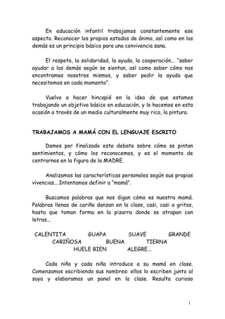 En educación infantil trabajamos constantemente ese
aspecto. Reconocer los propios estados de ánimo, así como en los
demás es un principio básico para una convivencia sana.

     El respeto, la solidaridad, la ayuda, la cooperación... “saber
ayudar a los demás según se sientan, así como saber cómo nos
encontramos nosotros mismos, y saber pedir la ayuda que
necesitemos en cada momento”.

     Vuelvo a hacer hincapié en la idea de que estamos
trabajando un objetivo básico en educación, y lo hacemos en esta
ocasión a través de un medio culturalmente muy rico, la pintura.


TRABAJAMOS A MAMÁ CON EL LENGUAJE ESCRITO

     Damos por finalizado este debate sobre cómo se pintan
sentimientos, y cómo los reconocemos, y es el momento de
centrarnos en la figura de la MADRE.

     Analizamos las características personales según sus propias
vivencias... Intentamos definir a “mamá”.

      Buscamos palabras que nos digan cómo es nuestra mamá.
Palabras llenas de cariño danzan en la clase, casi, casi a gritos,
hasta que toman forma en la pizarra donde se atrapan con
letras...

CALENTITA      GUAPA       SUAVE        GRANDE
     CARIÑOSA        BUENA       TIERNA
           HUELE BIEN      ALEGRE...

     Cada niño y cada niña introduce a su mamá en clase.
Comenzamos escribiendo sus nombres: ellos lo escriben junto al
suyo y elaboramos un panel en la clase. Resulta curioso



                                                                 1
 