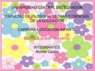 UNIVERSIDAD CENTRAL DEL ECUADOR
FACULTAD DE FILOSOFIA, LETRAS Y CIENCIAS
DE LA EDUCACION
CARRERA EDUCACION INFANTIL
ESTIMULACIÓN INFANTIL
INTEGRANTES.
Norma Castro
 