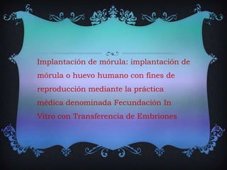 Implantación de mórula: implantación de
mórula o huevo humano con fines de
reproducción mediante la práctica
médica denominada Fecundación In
Vitro con Transferencia de Embriones
 