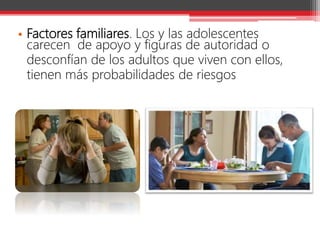 • Factores familiares. Los y las adolescentes
carecen de apoyo y figuras de autoridad o
desconfían de los adultos que viven con ellos,
tienen más probabilidades de riesgos
 