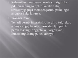  Kehamilan membawa perub. yg. signifikan
pd. Ibu,sehingga dpt. dikatakan sbg.
stressor,yg. juga mempengaruhi psikologis
anggota kelg. lainnya.
 Transisi Peran:
 Terjadi perub. interaksi rutin dlm. kelg. dgn.
adanya anggota kelg. baru,shg. tjd. perub.
peran masing2 anggota keluarga:ayah,
Ibu,sibling & anggt. kel.lainnya.
 