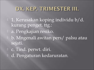  1. Kerusakan koping individu b/d.
kurang penget. ttg.:
 a. Pengkajian resiko.
 b. Mngenali awitan pers/ palsu atau
sejati.
 c. Tind. perwt. diri.
 d. Pengaturan kedaruratan.
 