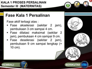 Fase Kala 1 Persalinan
Fase aktif terbagi atas :
 Fase akselerasi (sekitar 2 jam),
pembukaan 3 cm sampai 4 cm.
 Fase dilatasi maksimal (sekitar 2
jam), pembukaan 4 cm sampai 9 cm.
 Fase deselerasi (sekitar 2 jam),
pembukaan 9 cm sampai lengkap (+
10 cm).
KALA 1 PROSES PERSALINAN
Semester III (MATERNITAS)
BERIKUTNYAKEMBALI
 