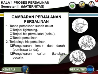 GAMBARAN PERJALANAN
PERSALINAN
1. Tanda persalinan sudah dekat
Terjadi lightening.
Terjadi his permulaan (palsu).
Tanda persalinan
2. Terjadinya his persalinan.
Pengeluaran lendir dan darah
(pembawa tanda).
Pengeluaran cairan (ketuban
pecah).
KALA 1 PROSES PERSALINAN
Semester III (MATERNITAS)
BERIKUTNYAKEMBALI
 