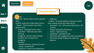 Logo
Kajian Kasus Data Kasus
Bab 2
Bab 3
Bab 1
Tinjauan Kasus
• Dada :
- Inspeksi : Bentuk dada simetris, gerakan
dada
simetris, tidak ada retraksi dada,normal.
- Palpasi : Tidak terdapat nyeri tekan,
getaran dada
- Perkusi : Terdengar bunyi sonor. -
Auskultasi : Tidak ada suara nafas
whezing,
- Punggung : Simetris tidak terdapat
benjolan dan lesi pada area
- punggung
- Payudara
- - keadaan putting : putting menonjol
- - areola : areola bersih
- - kolostrum : belum ada pengeluaran
kolostrum
• Abdomen
- Inspeksi : area kulit abdomen berwarna coklat
sawo matang, bersih dan tidak ada lesi
- Auskultasi :- DJJ : 135 x/menit.Bising Usus : 30
x/menit
- Palpasi: baik,tidak ada kelainan
- Perkusi : tidak kembung
• Kebersihan : genetalia bersih
• Ektremitas atas lengkap dan tidak ada kelainan
• Ektremitas bawah lengkap dan tidak ada
kelainan
 