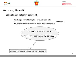 03.11.2015 Seite 7
Total wages earned during the previous three months
---------------------------------------------------------------------------- x 112 days
No. of days she actually worked during those three months
Tk. 14,624 ÷ 74 = Tk. 197.62
Tk111.36 x 112 days = Tk. 22,133.62
Payment of Maternity Benefit for 16 weeks
Maternity Benefit
Calculation of maternity benefit (II)
7
 