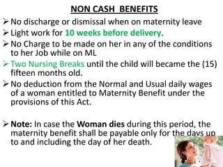 NON CASH BENEFITS
No discharge or dismissal when on maternity leave
Light work for 10 weeks before delivery.
No Charge to be made on her in any of the conditions
to her Job while on ML
Two Nursing Breaks until the child will became the (15)
fifteen months old.
No deduction from the Normal and Usual daily wages
of a woman entitled to Maternity Benefit under the
provisions of this Act.
Note: In case the Woman dies during this period, the
maternity benefit shall be payable only for the days up
to and including the day of her death.
 