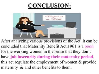 CONCLUSION:
After analyzing various provisions of the Act, it can be
concluded that Maternity Benefit Act,1961 is a boon
for the working women in the sense that they don’t
have job insecurity during their maternity period.
this act regulate the employment of women & provide
maternity & and other benefits to them.
 