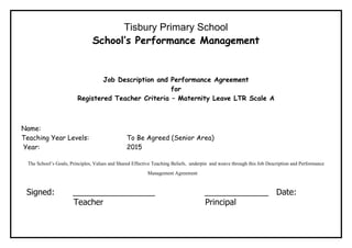 Tisbury Primary School 
School’s Performance Management 
Job Description and Performance Agreement 
for 
Registered Teacher Criteria – Maternity Leave LTR Scale A 
Name: 
Teaching Year Levels: To Be Agreed (Senior Area) 
Year: 2015 
The School’s Goals, Principles, Values and Shared Effective Teaching Beliefs, underpin and weave through this Job Description and Performance Management Agreement B 
SignedE 
SSigned: __________________ ______________ Date: 
Teacher Principal 
LIEFS 
 