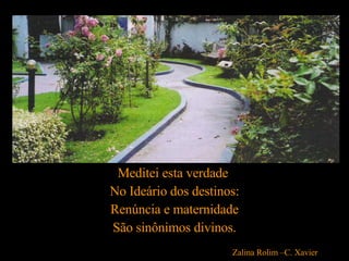 Meditei esta verdade  No Ideário dos destinos: Renúncia e maternidade São sinônimos divinos. Zalina Rolim –C. Xavier   