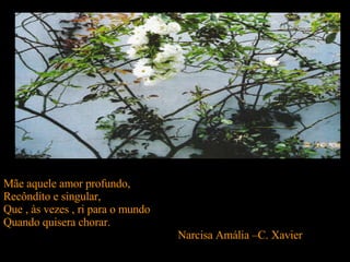 Mãe aquele amor profundo, Recôndito e singular, Que , às vezes , ri para o mundo Quando quisera chorar. Narcisa Amália –C. Xavier  