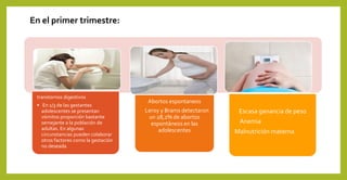 transtornos digestivos
• En 1/3 de las gestantes
adolescentes se presentan
vómitos proporción bastante
semejante a la población de
adultas. En algunas
circunstancias pueden colaborar
otros factores como la gestación
no deseada
Abortos espontaneos
Leroy y Brams detectaron
un 28,2% de abortos
espontáneos en las
adolescentes
Escasa ganancia de peso
Anemia
Malnutrición materna
En el primer trimestre:
 