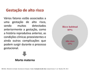 BRASIL. Ministério da Saúde. Secretaria de Atenção a Saúde. Gestação de alto risco: manual técnico 5. ed. Brasília: DF, 2012
Gestação de alto risco
Vários fatores estão associados a
uma gestação de alto risco,
sendo muitos detectados
anteriormente a gestação, como
a história reprodutiva anterior, as
condições clínicas preexistentes e
ainda outras complicações que
podem surgir durante o processo
gestacional.
Morte materna
 