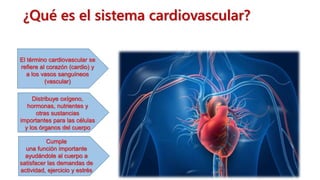 ¿Qué es el sistema cardiovascular?
El término cardiovascular se
refiere al corazón (cardio) y
a los vasos sanguíneos
(vascular)
Distribuye oxígeno,
hormonas, nutrientes y
otras sustancias
importantes para las células
y los órganos del cuerpo
Cumple
una función importante
ayudándole al cuerpo a
satisfacer las demandas de
actividad, ejercicio y estrés
 
