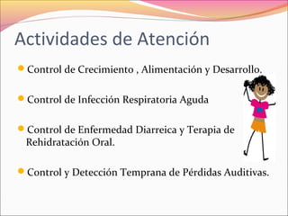 Actividades de Atención
Control de Crecimiento , Alimentación y Desarrollo.
Control de Infección Respiratoria Aguda
Control de Enfermedad Diarreica y Terapia de
Rehidratación Oral.
Control y Detección Temprana de Pérdidas Auditivas.
 