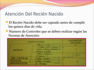 Atención Del Recién Nacido
El Recién Nacido debe ser captado antes de cumplir
los quince días de vida.
Número de Controles que se deben realizar según las
Normas de Atención:
 