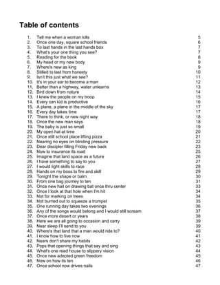 Table of contents
  1.    Tell me when a woman kills                                5
  2.    Once one day, square school friends                       6
  3.    To last hands in the last hands box                       7
  4.    What’s your one thing you see?                            7
  5.    Reading for the book                                      8
  6.    My head or my new body                                    9
  7.    Where's new as king                                       9
  8.    Stilled to last from honesty                             10
  9.    Isn’t this just what we see?                             11
  10.   It's in your ear to become a man                         12
  11.   Better than a highway, water unlearns                    13
  12.   Bird down from nature                                    14
  13.   I knew the people on my troop                            15
  14.   Every can kid is productive                              16
  15.   A plane, a plane in the middle of the sky                17
  16.   Every day takes time                                     17
  17.   There to think, or new night way                         18
  18.   Once the new man says                                    18
  19.   The baby is just so small                                19
  20.   My open hat at time                                      20
  21.   Once still school place lifting pizza                    21
  22.   Nearing no eyes on blinding pressure                     22
  23.   Dear discipler filling Friday new back                   23
  24.   Now to insurance its road                                25
  25.   Imagine that land space as a future                      26
  26.   I have something to say to you                           27
  27.   I would light skills to race                             28
  28.   Hands on my boss to fire and skill                       29
  29.   Tonight the shape or balm                                30
  30.   From one bag journey to ten                              31
  31.   Once new hail on drawing bat once thru center            33
  32.   Once I look at that hole when I'm hit                    34
  33.   Not for marking on trees                                 34
  34.   Not burned out to squeeze a trumpet                      35
  35.   One running day takes two evenings                       36
  36.   Any of the songs would belong and I would still scream   37
  37.   Once more desert or years                                38
  38.   Here we are all going to occasion and carry              39
  39.   Near sleep I’ll send to you                              39
  40.   Where's that land that a man would ride to?              40
  41.   I know how to live now                                   41
  42.   Nears don't share my habits                              42
  43.   Pops that opening things that say and sing               43
  44.   What's one read house to slippery vision                 44
  45.   Once new adepted green freedom                           45
  46.   Now on how its ten                                       46
  47.   Once school now drives nails                             47
 