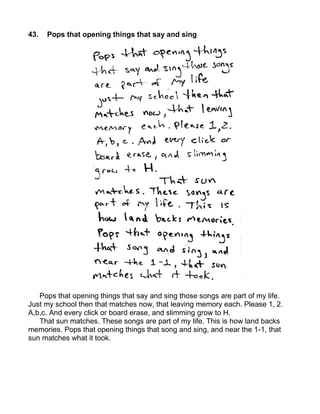 43.   Pops that opening things that say and sing




   Pops that opening things that say and sing those songs are part of my life.
Just my school then that matches now, that leaving memory each. Please 1, 2.
A,b,c. And every click or board erase, and slimming grow to H.
   That sun matches. These songs are part of my life. This is how land backs
memories. Pops that opening things that song and sing, and near the 1-1, that
sun matches what it took.
 