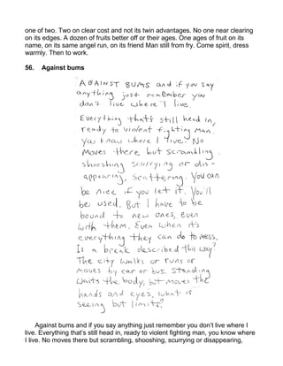 one of two. Two on clear cost and not its twin advantages. No one near clearing
on its edges. A dozen of fruits better off or their ages. One ages of fruit on its
name, on its same angel run, on its friend Man still from fry. Come spirit, dress
warmly. Then to work.

56.   Against bums




     Against bums and if you say anything just remember you don’t live where I
live. Everything that’s still head in, ready to violent fighting man, you know where
I live. No moves there but scrambling, shooshing, scurrying or disappearing,
 