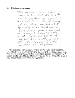 63.   This becomes a woman




    This becomes a woman, seeing what is ten. No stupid way like ass like,
bottom top types or tips. Sure that’s one, but seeing 10 not til you are just a kid.
Your mind is no stupid way, no clear channel past glasses, and no recovery. A
woman is not a word. I have put her in my way, but this is nothing. This is just a
play. You can't see her from this. It's my problem.
 