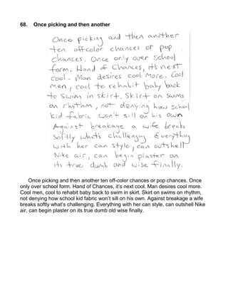 68.   Once picking and then another




     Once picking and then another ten off-color chances or pop chances. Once
only over school form. Hand of Chances, it’s next cool. Man desires cool more.
Cool men, cool to rehabit baby back to swim in skirt. Skirt on swims on rhythm,
not denying how school kid fabric won’t sill on his own. Against breakage a wife
breaks softly what’s challenging. Everything with her can style, can outshell Nike
air, can begin plaster on its true dumb old wise finally.
 
