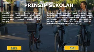 PRINSIP SEKOLAH
Sekolah tidak boleh hidup
menyendiri melepaskan diri dari
tantangan sosial budaya dalam
masyarakat tempat sekolah itu
berada
Sekolah juga menjadi suri teladan bagi
kehidupan masyarakat sekitarnya, serta
mampu mencegah masuknya sikap dan
perbuatan yang akan menimbulkan
pertentangan. Untuk itu sekolah memiliki
prinsip-prinsip sebagai berikut :
BACK NEXT
 