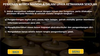 PENATAAN WIYATA MANDALA DALAM UPAYA KETAHANAN SEKOLAH
2. Untuk menjadikan sekolah sesuai dengan tujuan dan fungsinya, perlu dilakukan
penataan Wiyata Mandala di sekolah melalui langkah-langkah :
g) Pengembangan logika para siswa, rajin belajar, gairah menulis, gemar membaca/
informasi/penemuan para ahli.
h) Mengikutsertakan siswa dalam kegiatan ekstrakurikuler dan pengembangan diri.
i) Mengadakan karya wisata dalam rangka pengembangan iptek.
BACK MENU
 
