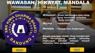Wawasan : Suatu pandangan atau sikap
yang mendalam terhadap
suatu hakikat
Wiyata : Pendidikan
Mandala : Tempat atau lingkungan
Wiyata mandala adalah sikap menghargai
dan bertanggung jawab terhadap
lingkungan sekolah sebagai tempat
menuntut ilmu pengetahuan.
MENU NEXT
 