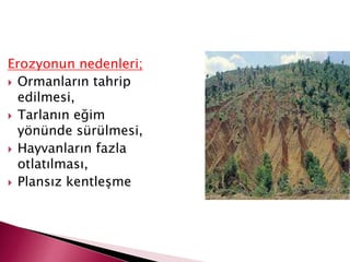 Erozyonun nedenleri;
 Ormanların tahrip
edilmesi,
 Tarlanın eğim
yönünde sürülmesi,
 Hayvanların fazla
otlatılması,
 Plansız kentleşme
 