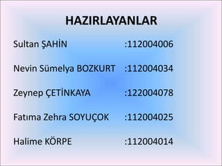 HAZIRLAYANLAR
Sultan ŞAHİN           :112004006

Nevin Sümelya BOZKURT :112004034

Zeynep ÇETİNKAYA       :122004078

Fatıma Zehra SOYUÇOK   :112004025

Halime KÖRPE           :112004014
 