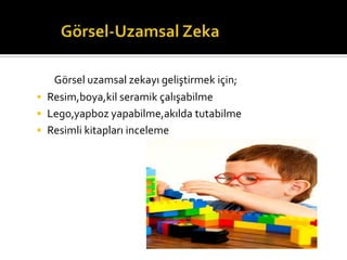 G?rsel uzamsal zekay? geli?tirmek i?in;
? Resim,boya,kil seramik ?al??abilme
? Lego,yapboz yapabilme,ak?lda tutabilme
? Resimli kitaplar? inceleme
 
