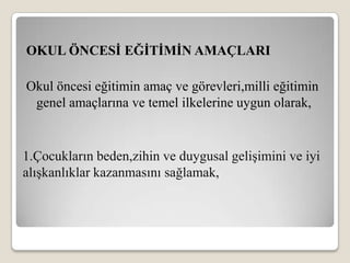 OKUL ÖNCESİ EĞİTİMİN AMAÇLARI

Okul öncesi eğitimin amaç ve görevleri,milli eğitimin
 genel amaçlarına ve temel ilkelerine uygun olarak,


1.Çocukların beden,zihin ve duygusal gelişimini ve iyi
alışkanlıklar kazanmasını sağlamak,
 