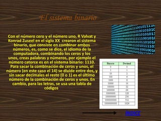 El sistema binario
 Con el número cero y el número uno, R Valvat y
 Konrad Zuseel en el siglo XX crearon el sistema
    binario, que consiste en combinar ambos
   números, es, como se dice, el idioma de la
    computadora, combinando los ceros y los
 unos, creas palabras y números, por ejemplo el
 número catorce es en el sistema binario: 1110.
  Para sacar la combinación de ceros y unos, el
número (en este caso el 14) se divide entre dos, y
 sin sacar decimales el resto (0 o 1) es el último
 número de la combinación de ceros y unos. En
   cambio, para las letras, se usa una tabla de
                     códigos.




                                                     ÍNDICE
 