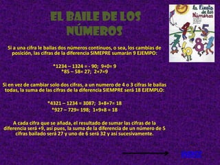 El baile de los
                        números
  Si a una cifra le bailas dos números continuos, o sea, los cambias de
    posición, las cifras de la diferencia SIMEPRE sumarán 9 EJEMPO:

                       *1234 – 1324 = - 90; 9+0= 9
                          *85 – 58= 27; 2+7=9

Si en vez de cambiar solo dos cifras, a un numero de 4 o 3 cifras le bailas
 todas, la suma de las cifras de la diferencia SIEMPRE será 18 EJEMPLO:

                    *4321 – 1234 = 3087; 3+8+7= 18
                      *927 – 729= 198; 1+9+8 = 18

    A cada cifra que se añada, el resultado de sumar las cifras de la
diferencia será +9, así pues, la suma de la diferencia de un número de 5
     cifras bailado será 27 y uno de 6 será 32 y así sucesivamente.


                                                                              ÍNDICE
 