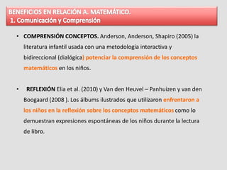 • COMPRENSIÓN CONCEPTOS. Anderson, Anderson, Shapiro (2005) la
literatura infantil usada con una metodología interactiva y
bidireccional (dialógica) potenciar la comprensión de los conceptos
matemáticos en los niños.
• REFLEXIÓN Elia et al. (2010) y Van den Heuvel – Panhuizen y van den
Boogaard (2008 ). Los álbums ilustrados que utilizaron enfrentaron a
los niños en la reflexión sobre los conceptos matemáticos como lo
demuestran expresiones espontáneas de los niños durante la lectura
de libro.
 