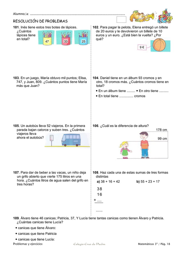 Matemáticas de 3º Primaria. Problemas y ejercicios | PDF