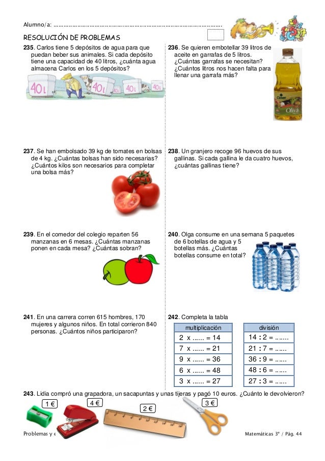 Matemáticas de 3º Primaria. Problemas y ejercicios
