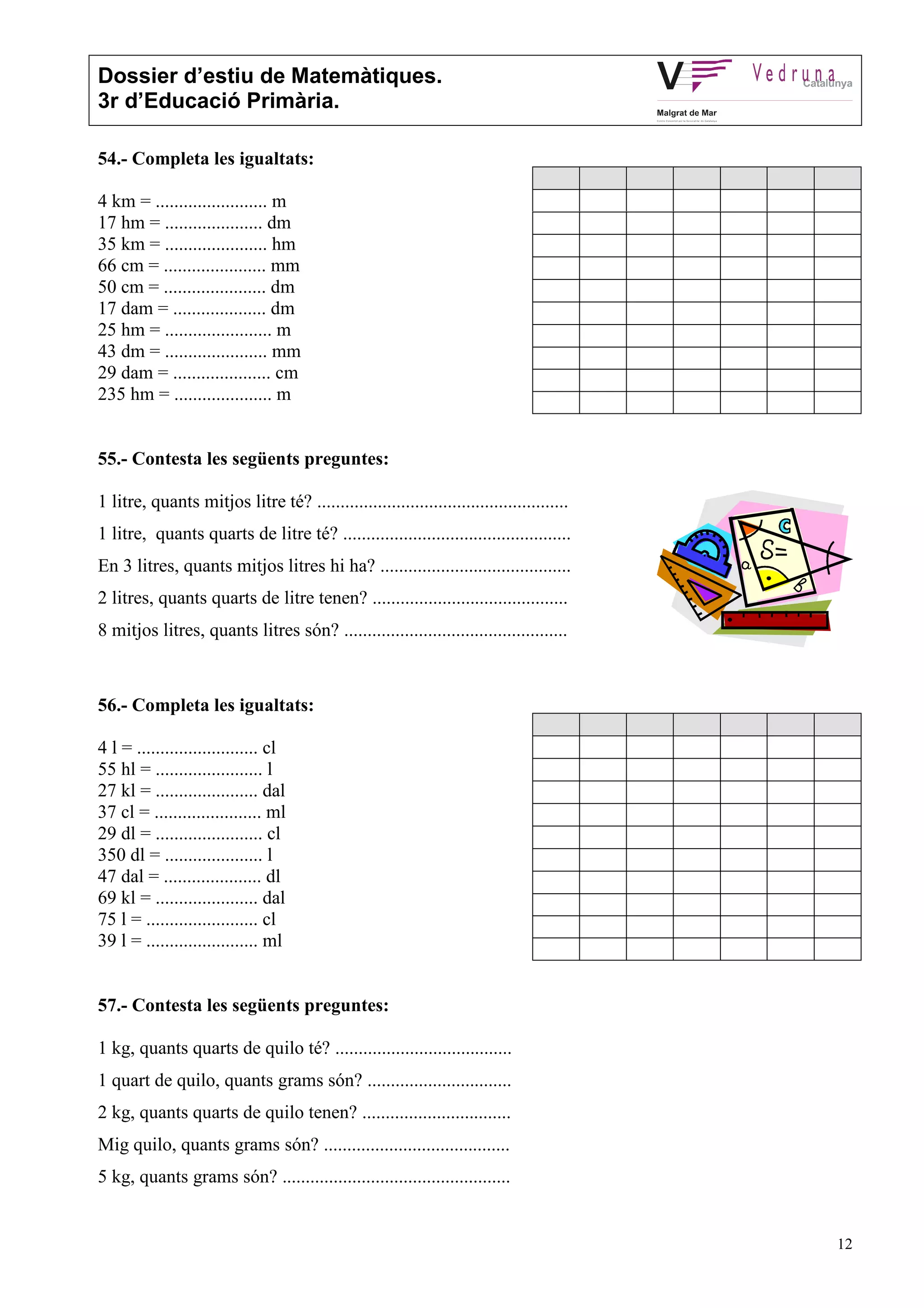 Dossier d’estiu de Matemàtiques.
3r d’Educació Primària.
12
54.- Completa les igualtats:
4 km = ........................ m
17 hm = ..................... dm
35 km = ...................... hm
66 cm = ...................... mm
50 cm = ...................... dm
17 dam = .................... dm
25 hm = ....................... m
43 dm = ...................... mm
29 dam = ..................... cm
235 hm = ..................... m
55.- Contesta les següents preguntes:
1 litre, quants mitjos litre té? ......................................................
1 litre, quants quarts de litre té? .................................................
En 3 litres, quants mitjos litres hi ha? .........................................
2 litres, quants quarts de litre tenen? ..........................................
8 mitjos litres, quants litres són? ................................................
56.- Completa les igualtats:
4 l = .......................... cl
55 hl = ....................... l
27 kl = ...................... dal
37 cl = ....................... ml
29 dl = ....................... cl
350 dl = ..................... l
47 dal = ..................... dl
69 kl = ...................... dal
75 l = ........................ cl
39 l = ........................ ml
57.- Contesta les següents preguntes:
1 kg, quants quarts de quilo té? ......................................
1 quart de quilo, quants grams són? ...............................
2 kg, quants quarts de quilo tenen? ................................
Mig quilo, quants grams són? ........................................
5 kg, quants grams són? .................................................
 