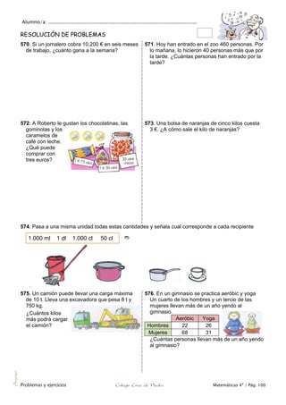 Alumno/a: ..................................................................................................
Problemas y ejercicios Colegio Cruz de Piedra Matemáticas 4º / Pág. 100
Anexo
RESOLUCIÓN DE PROBLEMAS
570. Si un jornalero cobra 10.200 € en seis meses
de trabajo, ¿cuánto gana a la semana?
571. Hoy han entrado en el zoo 460 personas. Por
lo mañana, lo hicieron 40 personas más que por
la tarde. ¿Cuántas personas han entrado por la
tarde?
572. A Roberto le gustan los chocolatinas, las
gominolas y los
caramelos de
café con leche.
¿Qué puede
comprar con
tres euros?
573. Una bolsa de naranjas de cinco kilos cuesta
3 €. ¿A cómo sale el kilo de naranjas?
574. Pasa a una misma unidad todas estas cantidades y señala cual corresponde a cada recipiente
575. Un camión puede llevar una carga máxima
de 10 t. Lleva una excavadora que pesa 8 t y
750 kg.
¿Cuántos kilos
más podrá cargar
el camión?
576. En un gimnasio se practica aeróbic y yoga
Un cuarto de los hombres y un tercio de las
mujeres llevan más de un año yendo al
gimnasio.
Aeróbic Yoga
Hombres 22 26
Mujeres 68 31
¿Cuántas personas llevan más de un año yendo
al gimnasio?
1.000 ml 1 dl 1.000 cl 50 cl 
 