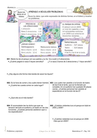 Alumno/a: ..................................................................................................
Problemas y ejercicios Colegio Cruz de Piedra Matemáticas 4º / Pág. 104
Anexo
Busca los
datos en el
folleto
APRENDO A RESOLVER PROBLEMAS
Busca los datos, que están expresados de distintas formas, en el folleto y resuelve
los problemas.
601. Marta ha ido al parque con sus padres y su tía. Va a subir a 5 atracciones.
 ¿Cuánto pagará si saca 5 tiques sencillos? ¿Y si saca 2 bonos de 2 atracciones y 1 tique sencillo?
 ¿Hay alguna otra forma más barata de sacar los tiques?
602. Es la hora de comer y los cuatro tienen hambre
 ¿Cuánto les cuesta comer en cada lugar?
 ¿Qué sitio es el más barato?
603. Los cuatro han asistido a la función de teatro
de las 6 de la tarde, que se ha llenado por
completo. En el auditorio han quedado 85 plazas
vacías. ¿Cuántas personas han asistido al
espectáculo en la función de las 6?
604. El acomodador les ha dicho que ayer se
llenaron del todo el auditorio y el teatro en las dos
funciones. ¿Cuántas personas asistieron ayer a
los espectáculos?
605. ¿Cuántos visitantes tuvo el parque en total en
2005 y 2006?
 ¿Cuántos visitantes tuvo el parque en 2006
más que en 2005?
 