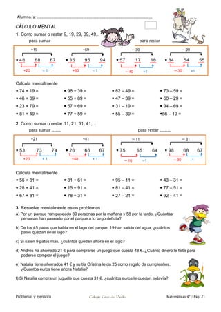 Alumno/a: ..................................................................................................
Problemas y ejercicios Colegio Cruz de Piedra Matemáticas 4º / Pág. 21
CÁLCULO MENTAL
1. Como sumar o restar 9, 19, 29, 39, 49,...
para sumar para restar
 48 68 67  35 95 94  57 17 18  84 54 55
Calcula mentalmente
 74 + 19 =
 46 + 39 =
 23 + 79 =
 81 + 49 =
 98 + 39 =
 55 + 89 =
 57 + 69 =
 77 + 59 =
 82 – 49 =
 47 – 39 =
 31 – 19 =
 55 – 39 =
 73 – 59 =
 60 – 29 =
 94 – 69 =
66 – 19 =
2. Como sumar o restar 11, 21, 31, 41,...
para sumar ....... para restar .........
 53 73 74  26 66 67  75 65 64  98 68 67
Calcula mentalmente
 56 + 31 =
 28 + 41 =
 67 + 81 =
 31 + 61 =
 15 + 91 =
 78 + 31 =
 95 – 11 =
 81 – 41 =
 27 – 21 =
 43 – 31 =
 77 – 51 =
 92 – 41 =
3. Resuelve mentalmente estos problemas
a) Por un parque han paseado 39 personas por la mañana y 58 por la tarde. ¿Cuántas
personas han paseado por el parque a lo largo del día?
b) De los 45 patos que había en el lago del parque, 19 han salido del agua, ¿cuántos
patos quedan en el lago?
c) Si salen 9 patos más, ¿cuántos quedan ahora en el lago?
d) Andrés ha ahorrado 21 € para comprarse un juego que cuesta 48 €. ¿Cuánto dinero le falta para
poderse comprar el juego?
e) Natalia tiene ahorrados 41 € y su tía Cristina le da 25 como regalo de cumpleaños.
¿Cuántos euros tiene ahora Natalia?
f) Si Natalia compra un juguete que cuesta 31 €, ¿cuántos euros le quedan todavía?
+19
+20 – 1
+59
+60 – 1 – 40 – 30+1 +1
– 39 – 29
+21
+20 + 1
+41
+40 + 1 – 10 – 30–1 –1
– 11 – 31
 