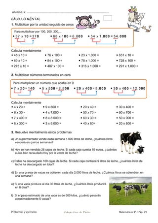 Alumno/a: ..................................................................................................
Problemas y ejercicios Colegio Cruz de Piedra Matemáticas 4º / Pág. 29
CÁLCULO MENTAL
1. Multiplicar por la unidad seguida de ceros
Calcula mentalmente
 48 x 10 =
 69 x 10 =
 275 x 10 =
 76 x 100 =
 84 x 100 =
 487 x 100 =
 23 x 1.000 =
 78 x 1.000 =
 316 x 1.000 =
 651 x 10 =
 728 x 100 =
 291 x 1.000 =
2. Multiplicar números terminados en cero
Calcula mentalmente
 4 x 20 =
 6 x 30 =
 7 x 400 =
 8 x 300 =
 9 x 600 =
 4 x 7.000 =
 8 x 8.000 =
 3 x 9.000 =
 20 x 40 =
 50 x 70 =
 60 x 30 =
 40 x 80=
 30 x 400 =
 60 x 700 =
 50 x 900 =
 20 x 800 =
3. Resuelve mentalmente estos problemas
a) Un supermercado vende cada semana 1.000 litros de leche, ¿cuántos litros
venderá en quince semanas?
b) Hoy se han vendido 26 cajas de leche. Si cada caja cuesta 10 euros, ¿cuántos
euros han recaudado hoy por la venta de leche?
c) Pablo ha descargado 100 cajas de leche. Si cada caja contiene 9 litros de leche, ¿cuántos litros de
leche ha descargado en total?
d) En una granja de vacas se obtienen cada día 2.000 litros de leche. ¿Cuántos litros se obtendrán en
una semana?
e) Si una vaca produce al día 30 litros de leche, ¿Cuántos litros producirá
en 8 días?
f) Si el peso estimado de una vaca es de 600 kilos, ¿cuánto pesarán
aproximadamente 5 vacas?
Para multiplicar por 100, 200, 300,...
 37 x 10 = 370  68 x 100 = 6.800  54 x 1.000 = 54.000
Para multiplicar un número que acabe en 0
 7 x 20 = 140  5 x 500 = 2.500  20 x 400 = 8.000  30 x 400 = 12.000
 