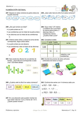 Alumno/a: ..................................................................................................
Problemas y ejercicios Colegio Cruz de Piedra Matemáticas 4º / Pág. 45
NUMERACIÓN DECIMAL
237. Separa en estos números la parte entera de
la parte decimal
238. ¿Qué valor tiene la cifra 5 en estos números?
239. ¿De qué número se trata?
 La parte entera es 16
 Las centésimas son la mitad de la parte entera
 Las décimas son la mitad de las centésimas

240. Goyo mide 1,57 metros.
La estatura de Lucía tiene
la misma parte entera, 2
décimas más y 5
centésimas menos.
¿Cuánto mide Lucía?
241. Ordena estas cifras y coloca la coma donde
corresponda, según estos datos:
 La parte entera es una decena
 Las centésimas valen el triple de las décimas

242. Completa la tabla
número
parte
entera
parte
decimal
se lee
3,68
10 3
setenta y una
centésimas
243. Sara anota las alturas de sus plantas de
bambú. ¿Qué altura le corresponde a cada
una?. Escríbela debajo
244. Escribe los precios de estos artículos
ordenados de menor a mayor
245. ¿Cuánto vale la cifra 8 en estos números? 243. Continúa las series con 4 números cada una
a) 5,2 - 5,8 - 6,4 - ...
b) 0,3 - 1 - 1,7 - ...
c) 10,3 - 9,9 - 9,5 - ...
247. En una atracción solo pueden montar los
que midan más de 1,5 m y menos de 1,8 m.
¿Quién puede montar?
 