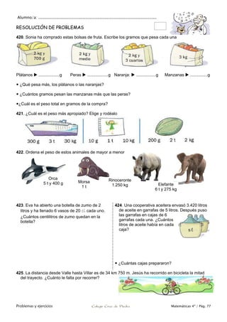 Alumno/a: ..................................................................................................
Problemas y ejercicios Colegio Cruz de Piedra Matemáticas 4º / Pág. 77
RESOLUCIÓN DE PROBLEMAS
420. Sonia ha comprado estas bolsas de fruta. Escribe los gramos que pesa cada una
Plátanos  ..................g Peras  ..................g Naranja:  .................g Manzanas  ...............g
 ¿Qué pesa más, los plátanos o las naranjas?
 ¿Cuántos gramos pesan las manzanas más que las peras?
¿Cuál es el peso total en gramos de la compra?
421. ¿Cuál es el peso más apropiado? Elige y rodéalo
422. Ordena el peso de estos animales de mayor a menor
423. Eva ha abierto una botella de zumo de 2
litros y ha llenado 6 vasos de 20 cl cada uno.
¿Cuántos centilitros de zumo quedan en la
botella?
424. Una cooperativa aceitera envasó 3.420 litros
de aceite en garrafas de 5 litros. Después puso
las garrafas en cajas de 6
garrafas cada una. ¿Cuántos
litros de aceite había en cada
caja?
 ¿Cuántas cajas prepararon?
425. La distancia desde Valle hasta Villar es de 34 km 750 m. Jesús ha recorrido en bicicleta la mitad
del trayecto. ¿Cuánto le falta por recorrer?
Orca
5 t y 400 g Morsa
1 t
Rinoceronte
1.250 kg Elefante
6 t y 275 kg
 