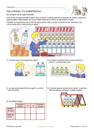 Alumno/a: ..................................................................................................
Problemas y ejercicios Colegio Cruz de Piedra Matemáticas 4º / Pág. 79
PON A PRUEBA TUS COMPETENCIAS
De compras en el supermercado
Iván ha ido al supermercado a hacer unas compras. Cuando pasa por la sección de zumos y refrescos
observa datos relacionados con lo que están haciendo en clase: la capacidad y el peso.
También se acuerda de que un litro de agua pesa un kilo y de que el líquido de los refrescos y los
zumos pesa más o menos como el agua.
1. ¿Cuánto pesan dos botellas de agua? 2. ¿Cuántos centilitros hacen cuatro botes de
zumo?, ¿cuántos litros son?
3. ¿A qué precio sale el litro de agua?, ¿y el de
zumo de piña?
4. ¿Cuánto pesa la compra de la cesta?, ¿cuántos
litros de líquido contiene? ¿cuánto cuesta?
5. Completa la tabla
Fracción
de litro
cl g
Fracción
de kilo
Botella
de agua
Bote de
zumo
 