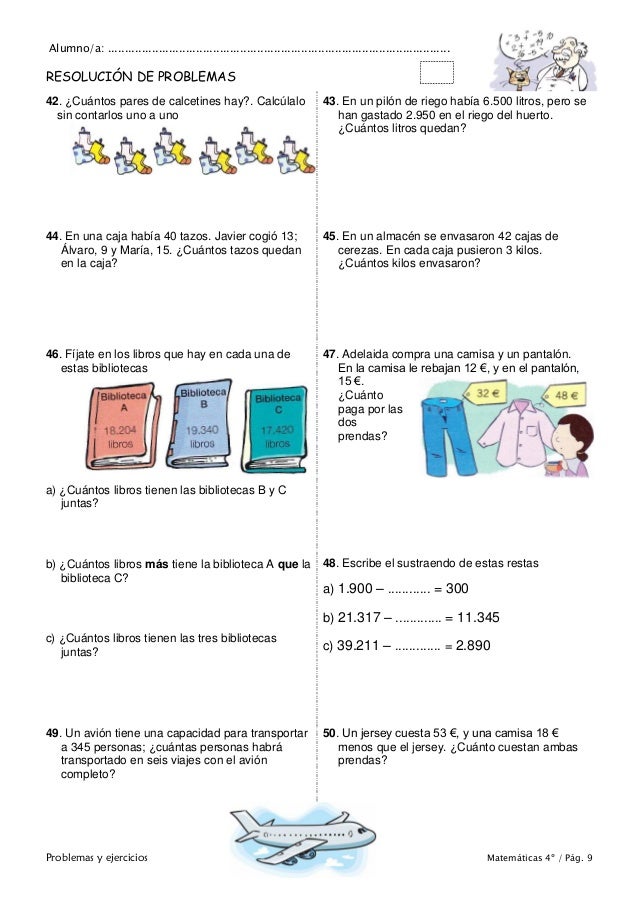 Matemáticas de 4º de Primaria. Problemas y ejercicios.