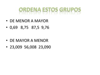 • DE MENOR A MAYOR
• 0,69 8,75 87,5 9,76
• DE MAYOR A MENOR
• 23,009 56,008 23,090

 