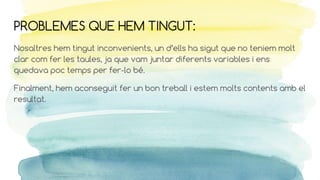 PROBLEMES QUE HEM TINGUT:
Nosaltres hem tingut inconvenients, un d’ells ha sigut que no teniem molt
clar com fer les taules, ja que vam juntar diferents variables i ens
quedava poc temps per fer-lo bé.
Finalment, hem aconseguit fer un bon treball i estem molts contents amb el
resultat.
 